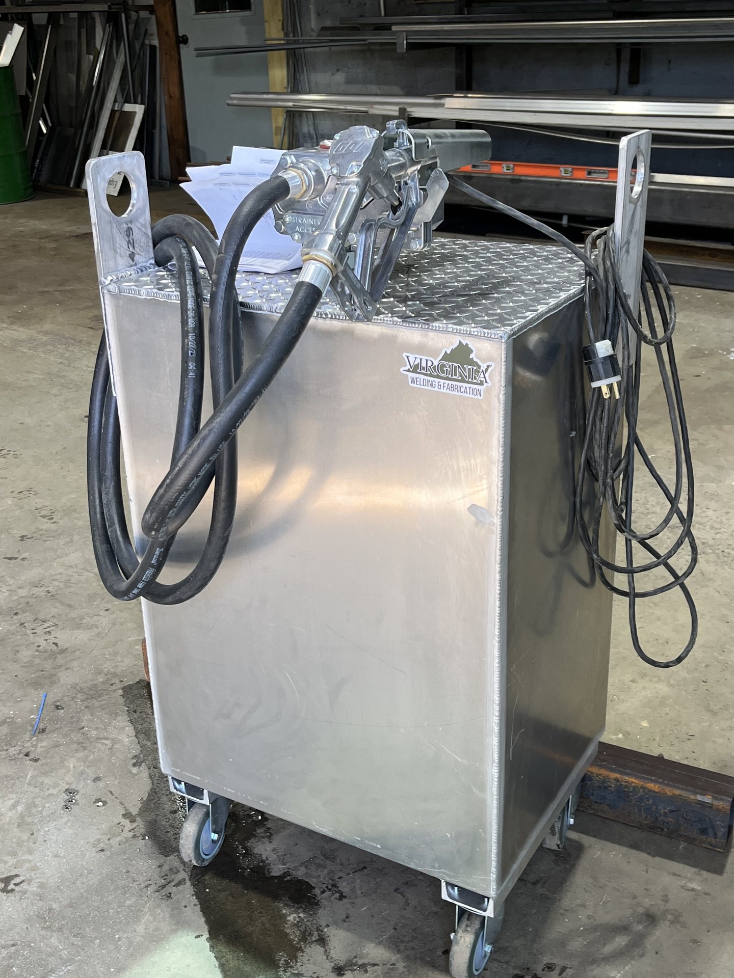 Custom stainless steel portable tank cart with pump fabricated in Middletown, VA