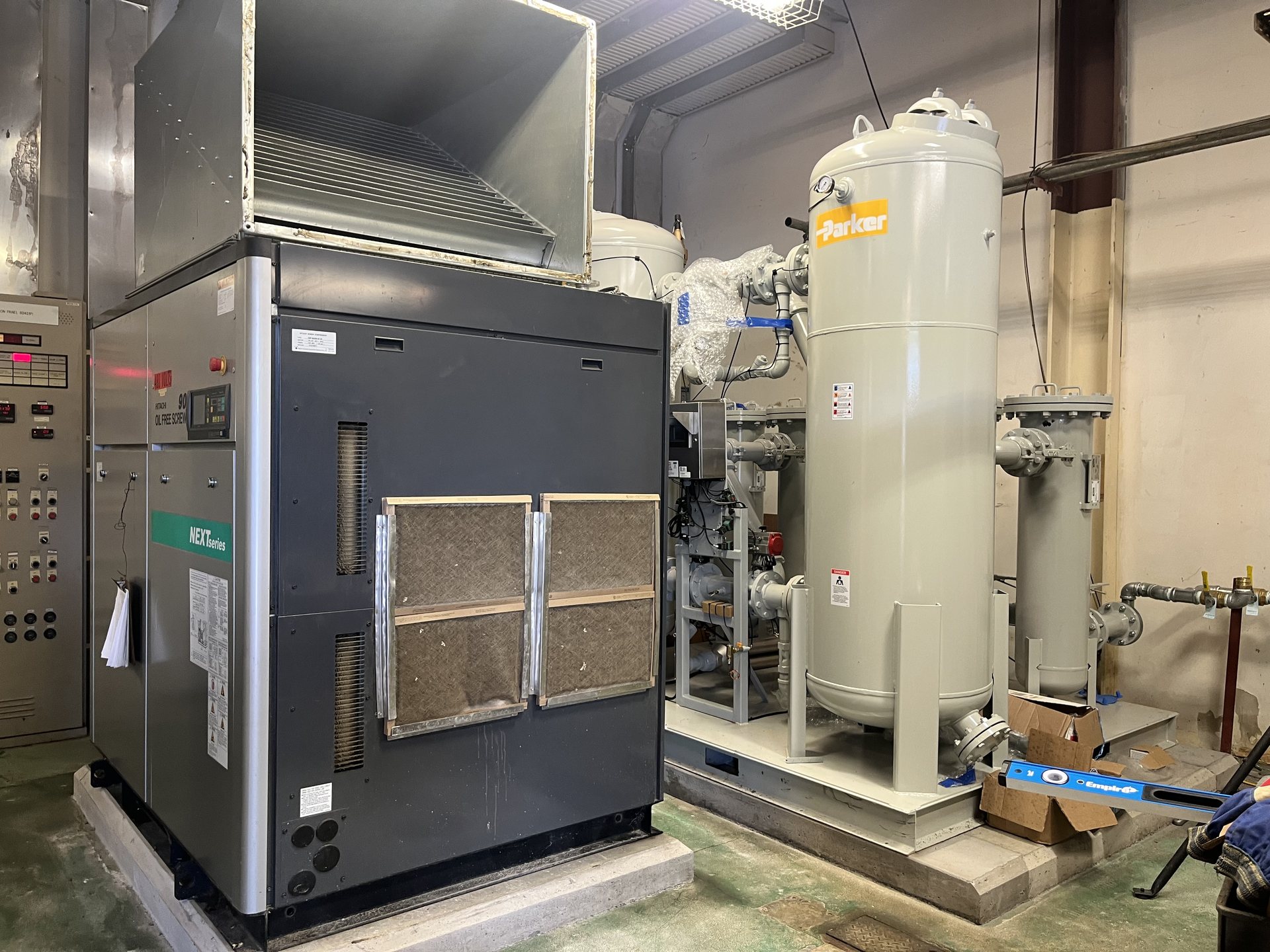 Newly installed oil free screw air compressor and dryer in a Virginia plant