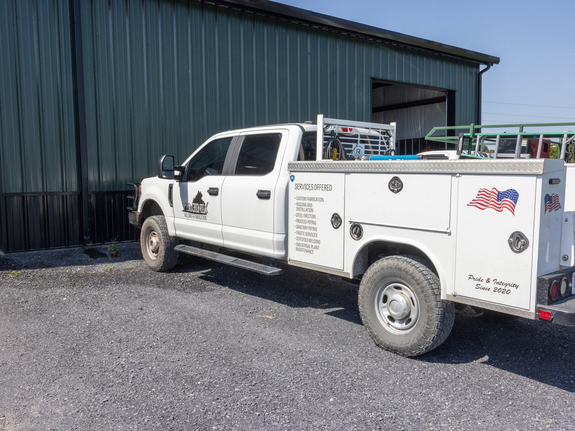 Virginia Welding and Fabrication service truck loaded and staged at the Middletown, VA shop
