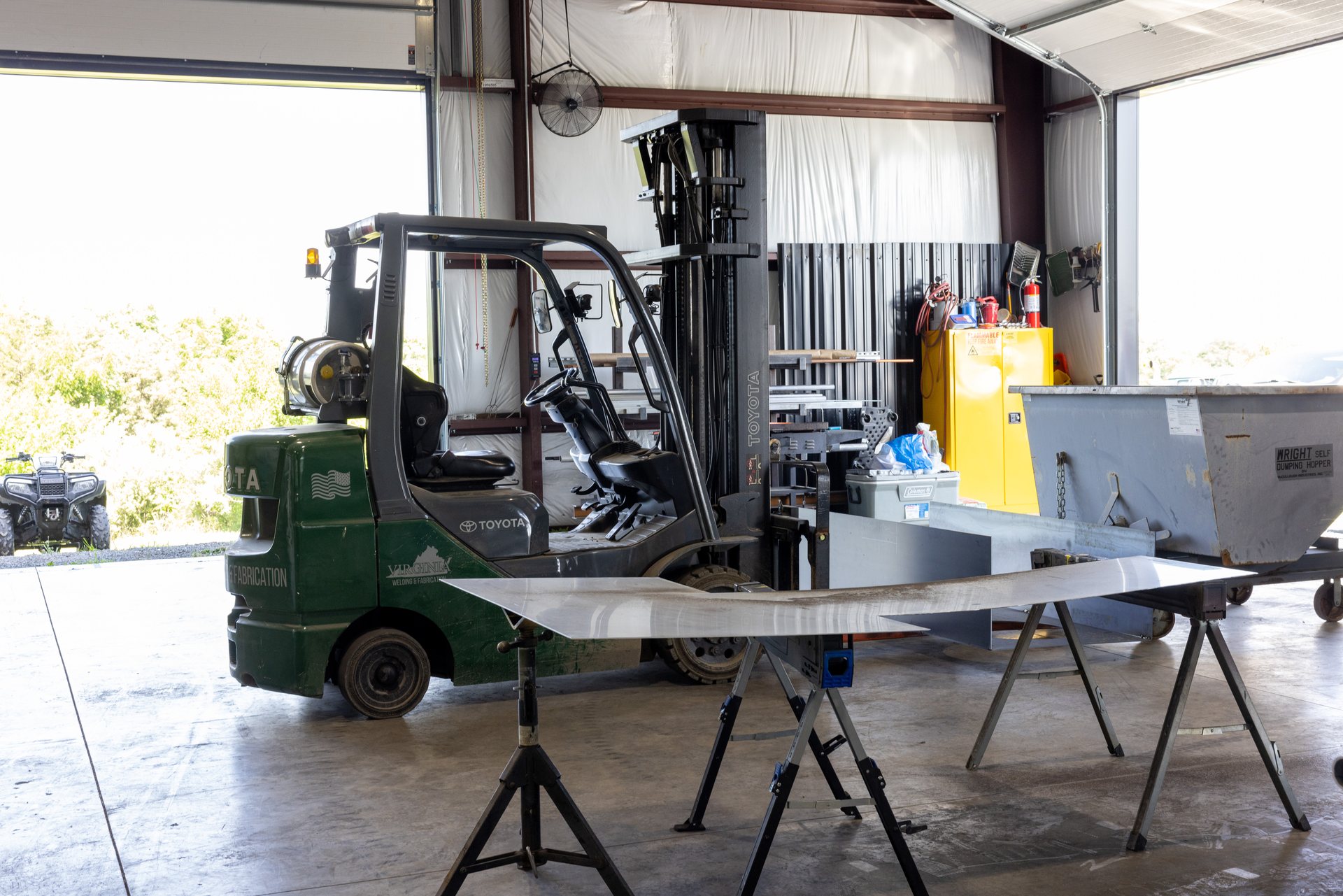 Formed sheet metal panel and forklift at the Middletown, VA fabrication shop
