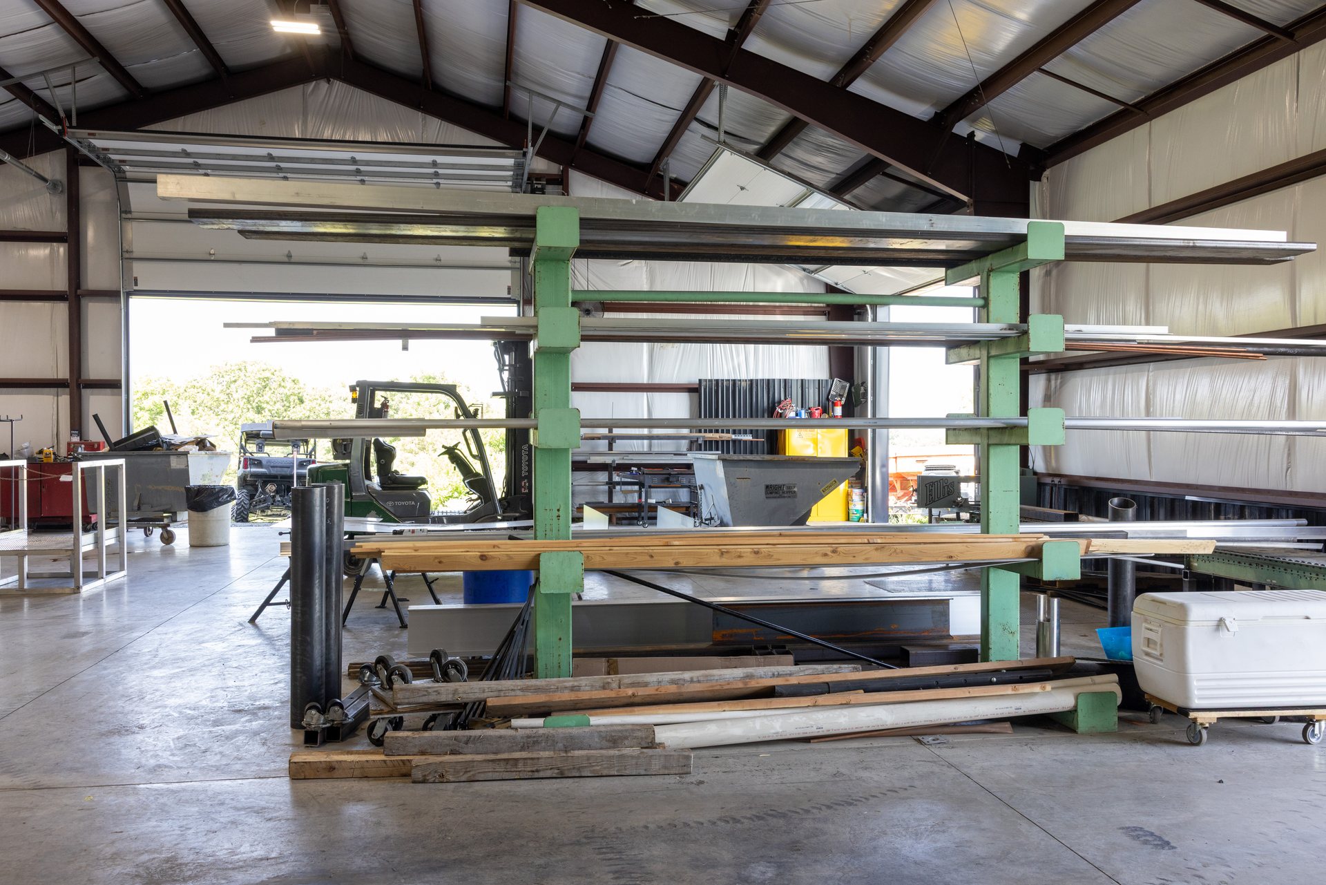 Cantilever rack of steel tube and bar stock in the Middletown, VA fabrication shop