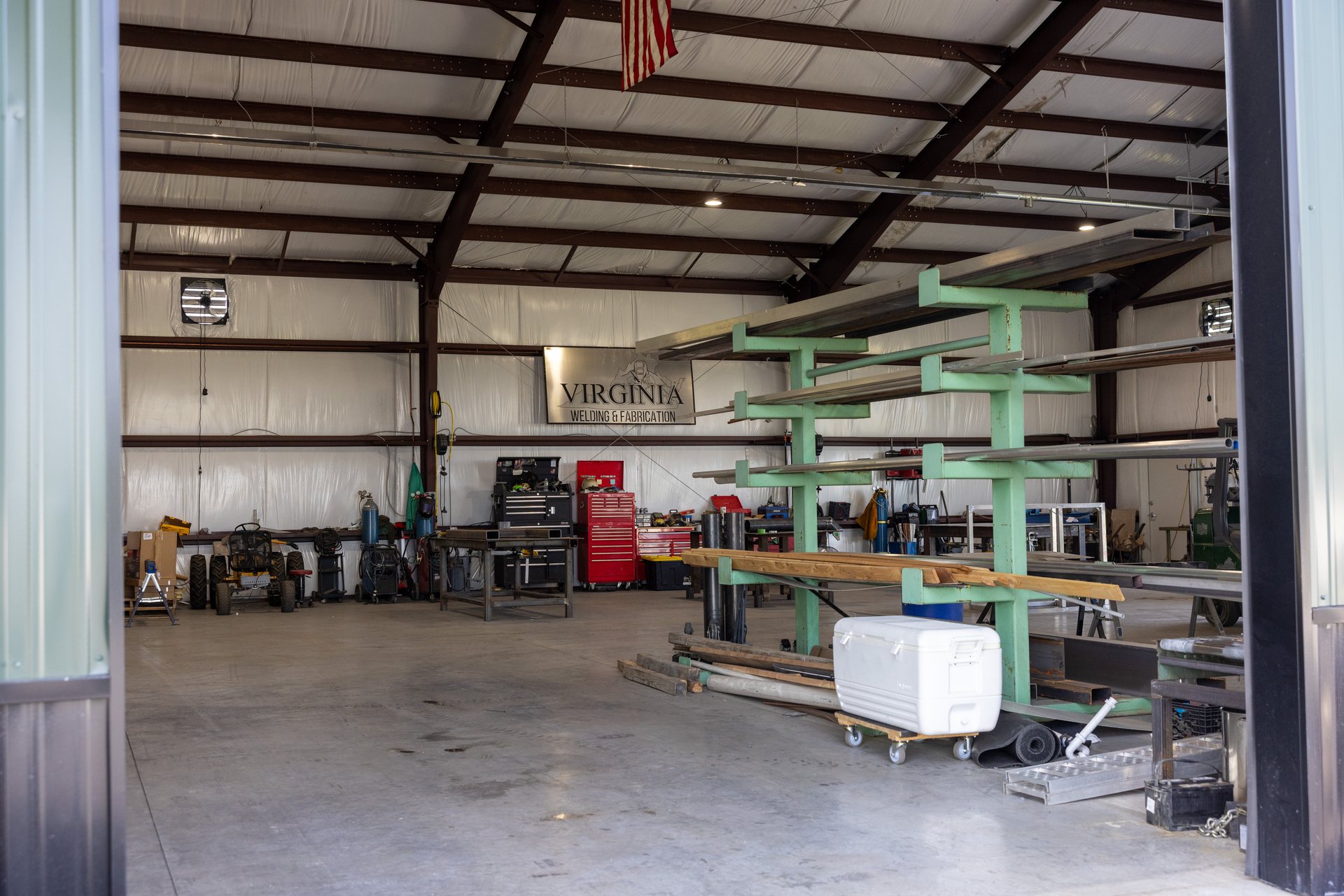 Cantilever rack of steel tube and bar stock in the Middletown, VA fabrication shop